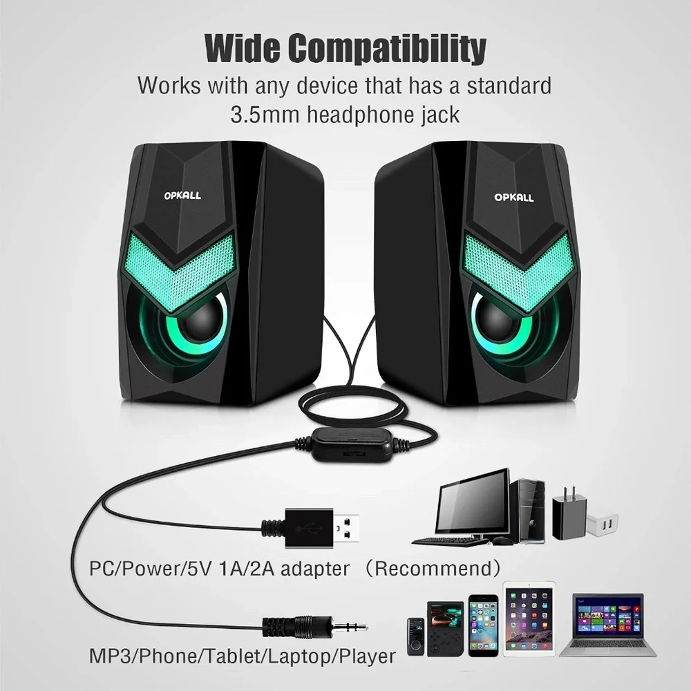 OPKALL Mini Colorful LED Light Computer Speaker, USB, 3.5mm Cable